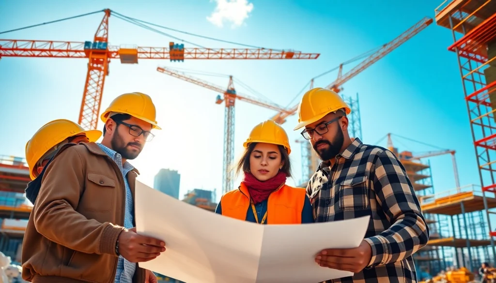 Manhattan General Contractor collaborating on-site with a construction crew and blueprints.