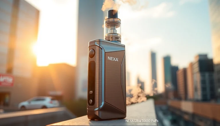 Vaping with the stylish NEXA Ultra 50000 Puffs in an urban setting showcasing its sleek design.