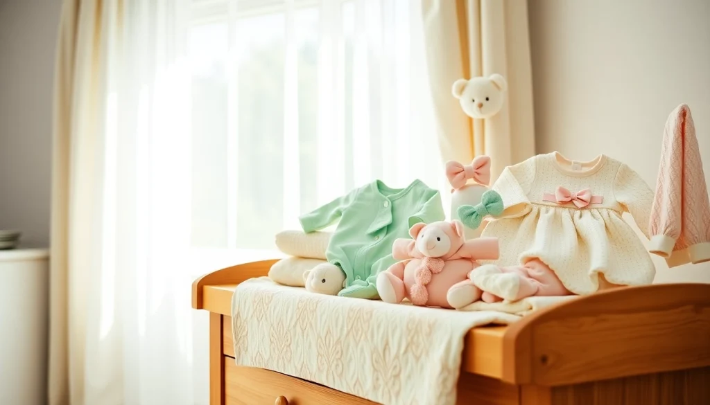 Stylish baby clothes displayed in a cozy nursery, emphasizing comfort and design.