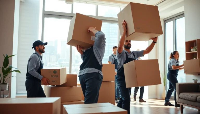 Best movers nyc team expertly lifting boxes in a bright NYC apartment setting.
