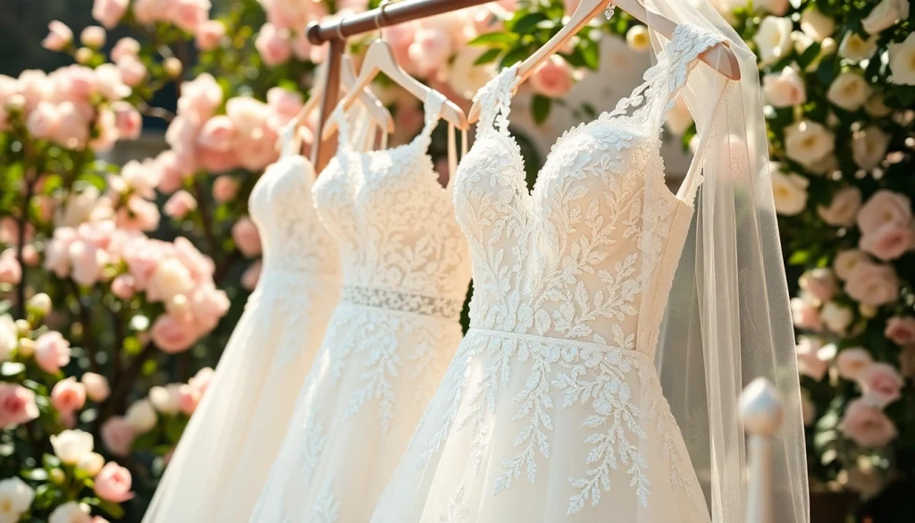Brides admire exquisite beaded wedding dresses featuring intricate designs and sparkling embellishments.
