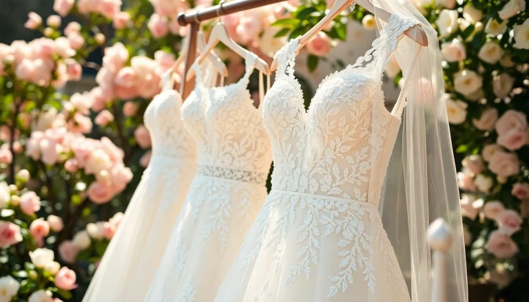Brides admire exquisite beaded wedding dresses featuring intricate designs and sparkling embellishments.