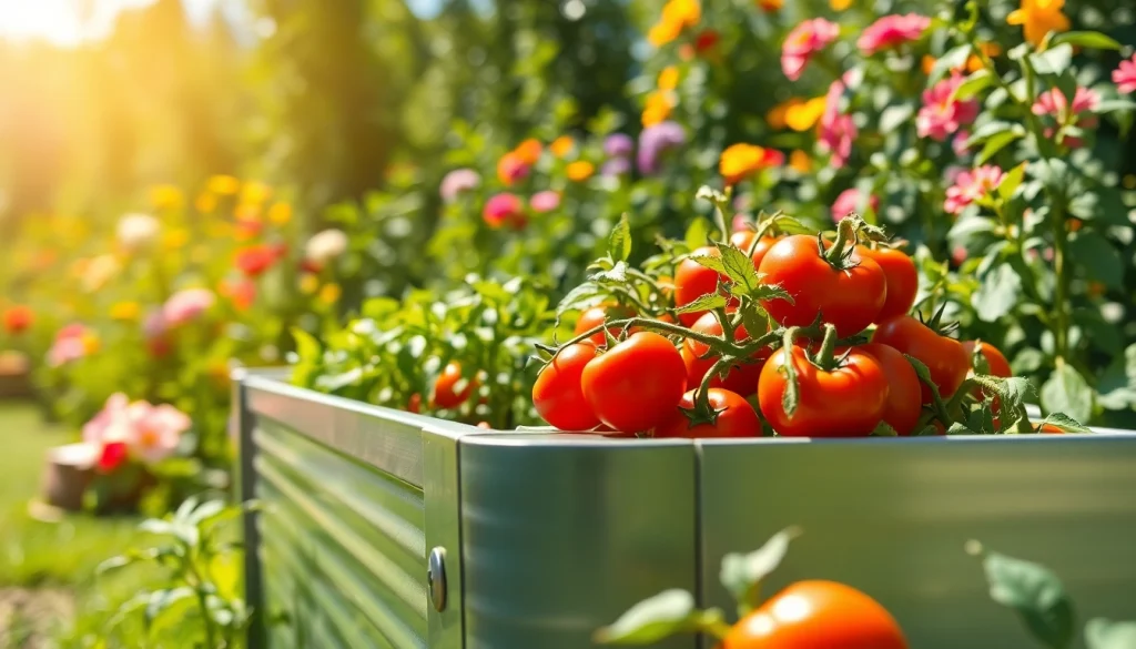 Planting in landguard raised beds with vibrant vegetables in a sunny garden setting.