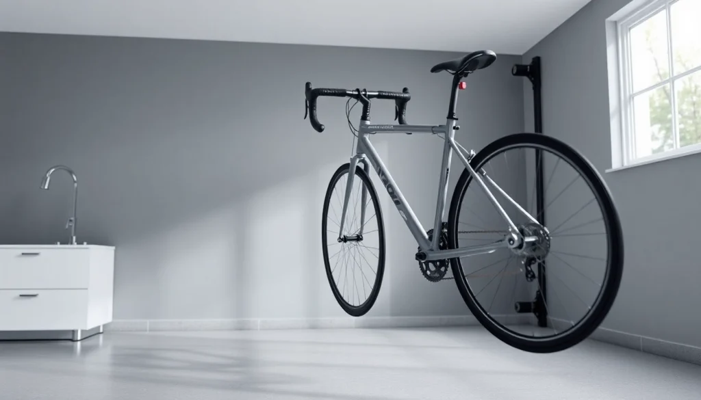 Efficient bike wall rack securing a sleek bicycle vertically in an organized garage.