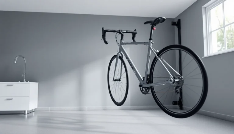 Efficient bike wall rack securing a sleek bicycle vertically in an organized garage.