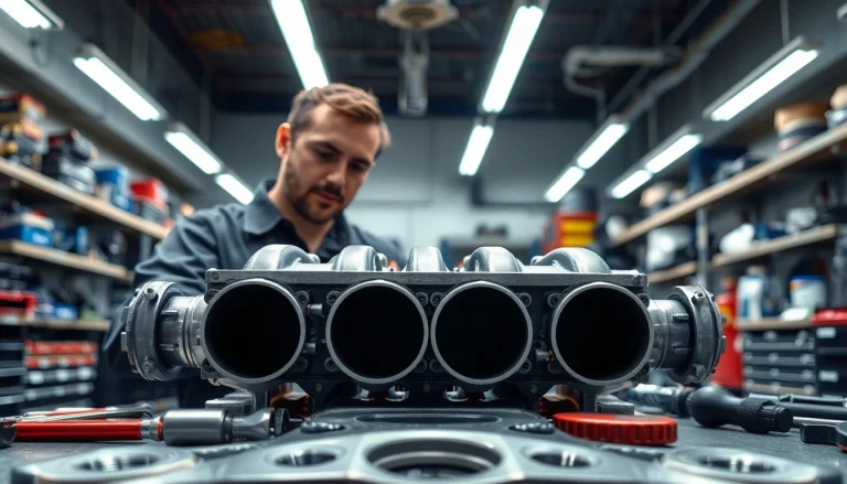 Technician inspecting a dual intake system in a professional workshop environment.