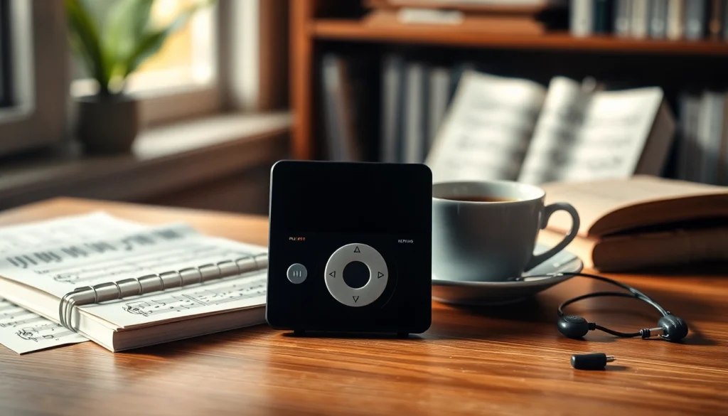 View the stylish MP3 player at https://hardwareplayer.com, accentuating its minimalist design and warm ambiance.
