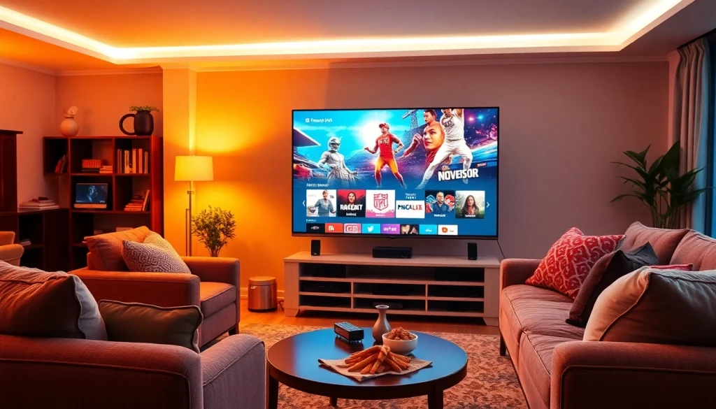 Engaging scene showcasing a cozy living room with a smart TV displaying the best iptv subscription, creating an inviting atmosphere.