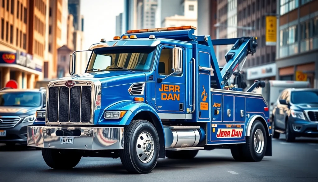 Jerr Dan tow truck in an urban environment, demonstrating its robust features and performance.