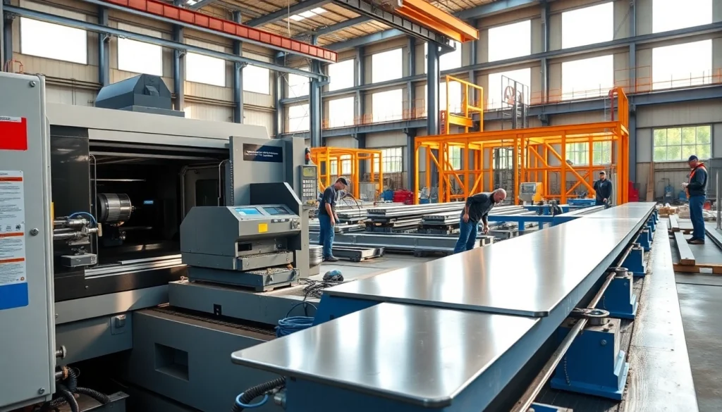 Visualize structural steel fabrication process showcasing skilled workers and machinery in action.
