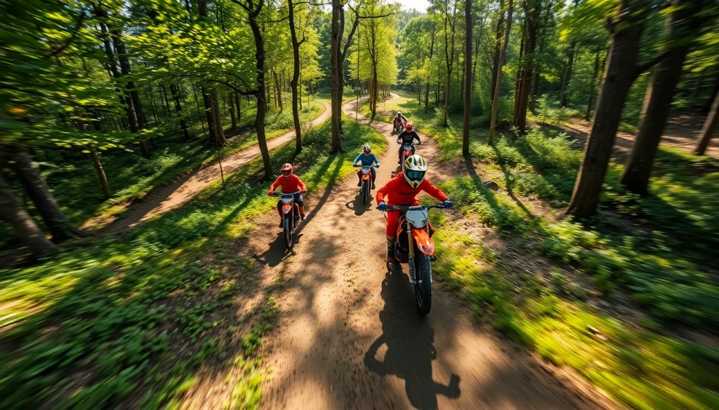Riders enjoying thrilling dirtbike trails near me in a vibrant forest setting
