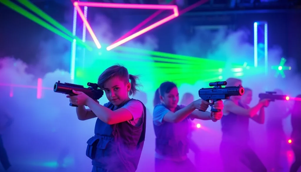 Excited players engaged in a laser tag game inside a vibrant arena