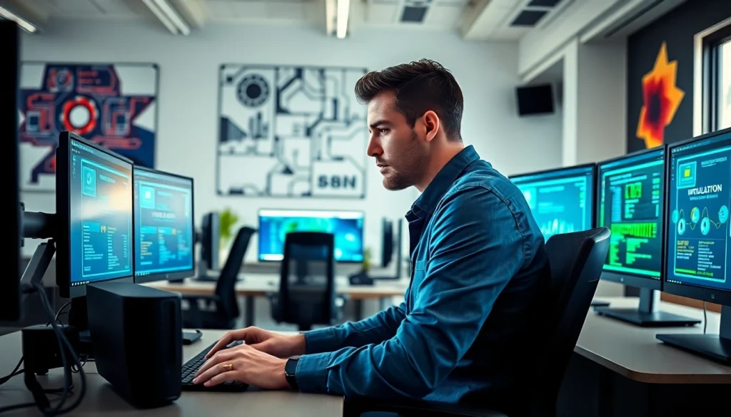 Explore virtualization Fredericksburg through an IT technician in a modern office, showcasing technology interfaces.