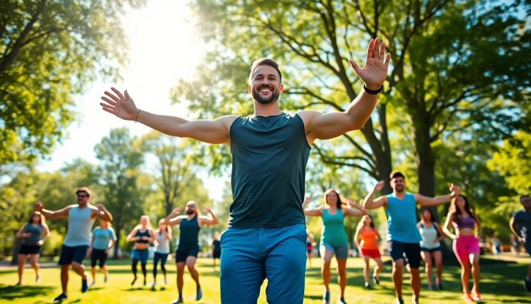 Engaged fitness trainer leading an outdoor workout group at https://www.australianhealthandfitness.com.au.
