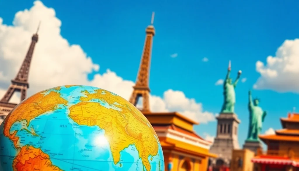 Travel globe with landmarks showcasing popular destinations in a vibrant city setting.