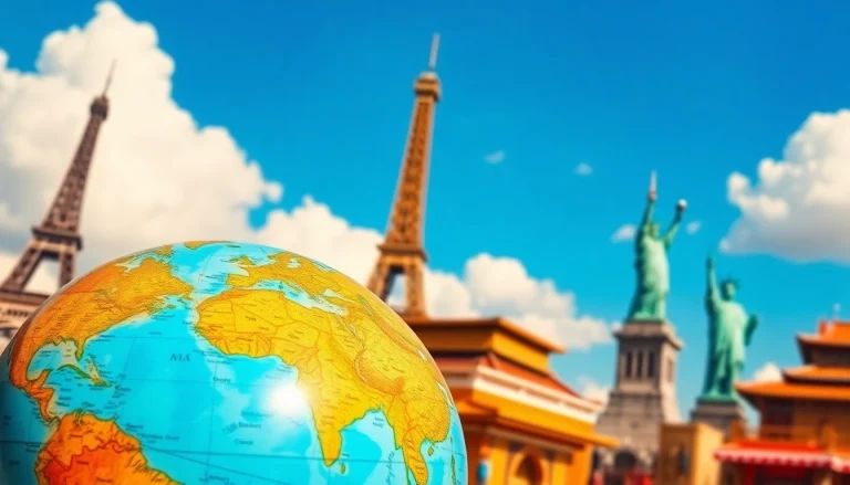 Travel globe with landmarks showcasing popular destinations in a vibrant city setting.