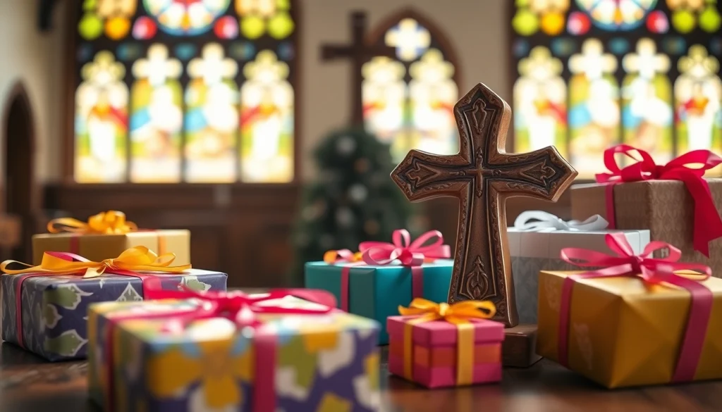 Display of Christian gifts including beautifully wrapped boxes and a hand-painted cross.
