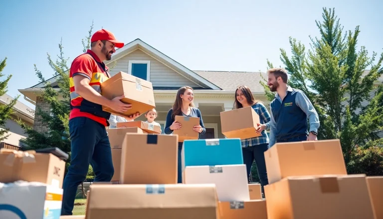 Movers Calgary helping a family move boxes in front of a suburban house.
