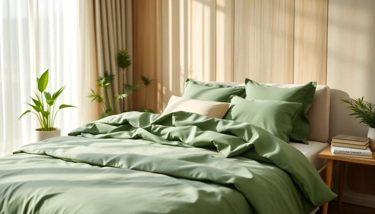 Shop Bamboo bedding sets featuring soft textures and natural colors in a serene bedroom environment.