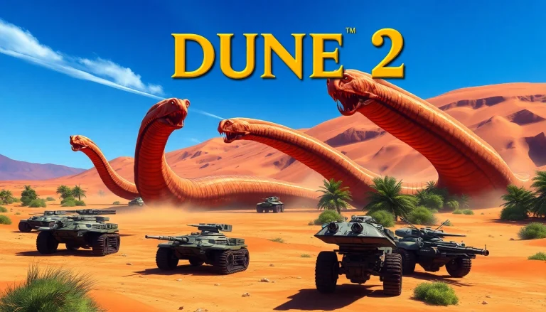 Engaging artwork for dune 2 download game featuring strategic units and sandworms in action.