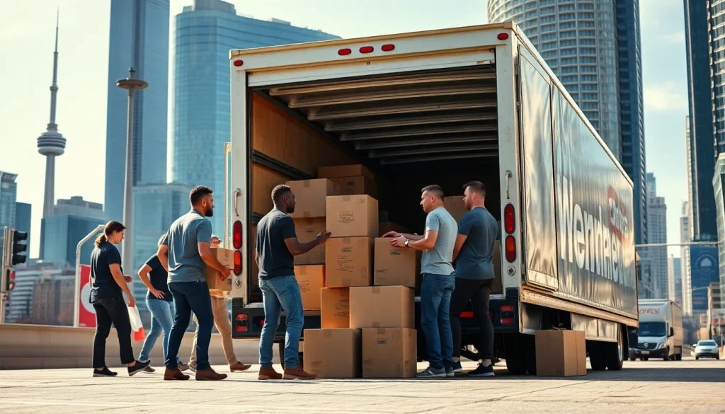 Showcasing moving services in Toronto as professional movers load a truck amidst iconic city buildings.