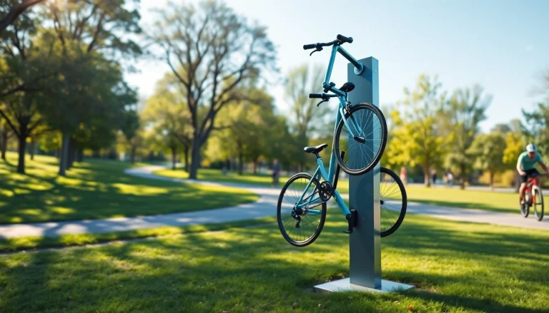 Showcasing a robust vertical bike rack featuring multiple bike capacity in an outdoor setting.