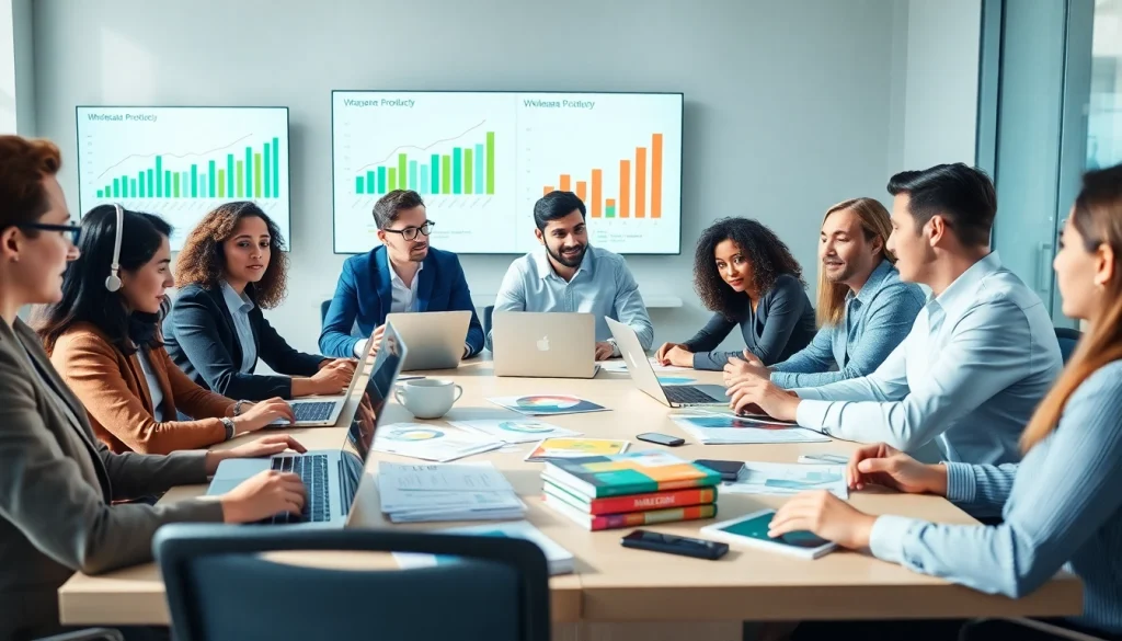 Entrepreneurs strategizing wholesale products to sell on amazon in a vibrant office environment.