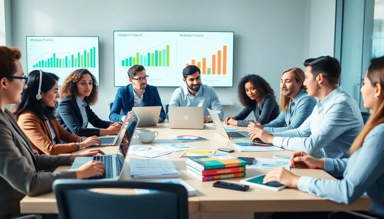 Entrepreneurs strategizing wholesale products to sell on amazon in a vibrant office environment.