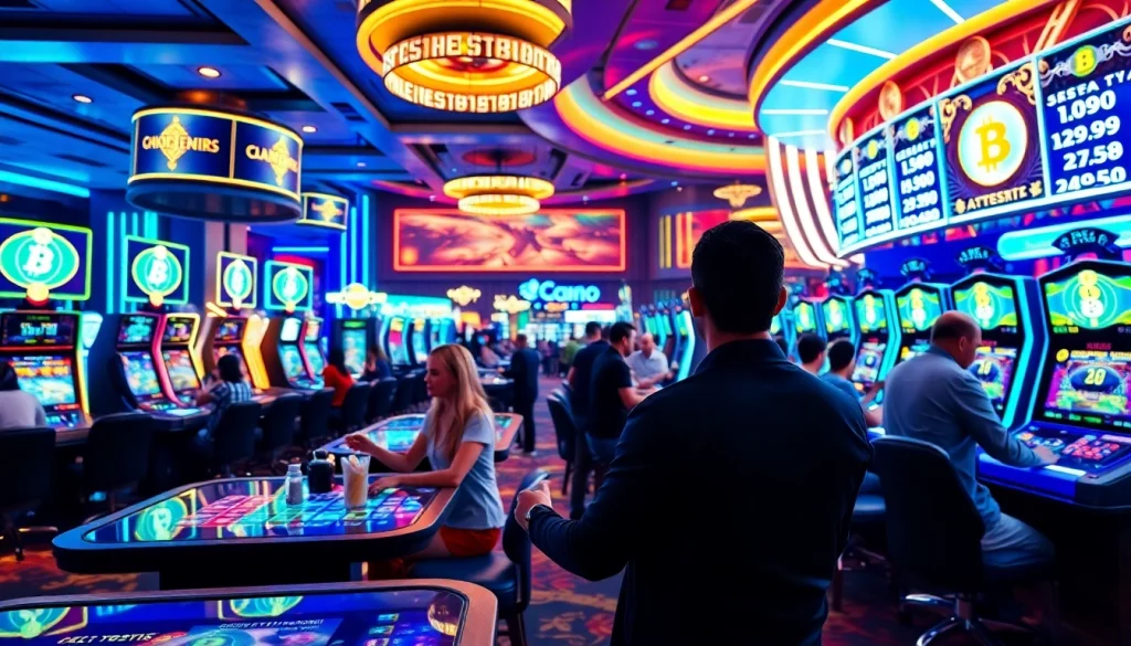 Players enjoying games in Crypto Casinos with vibrant lights and a lively atmosphere.