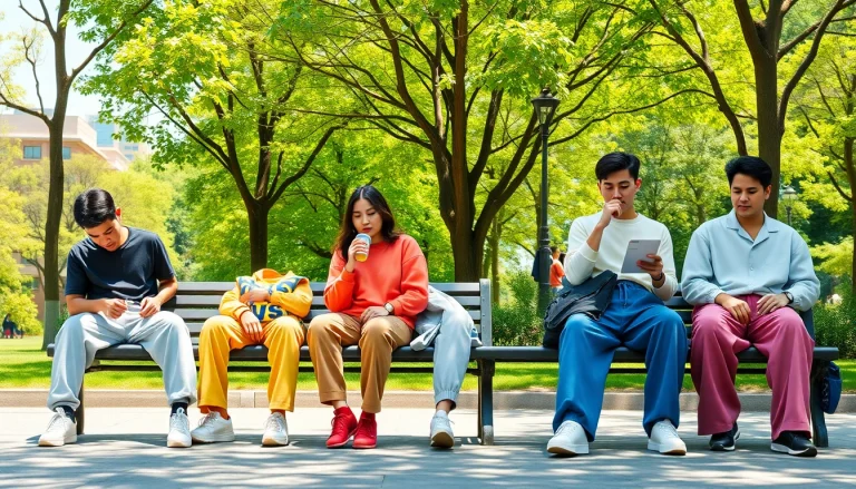 Individuals showcasing oversized sweatpants style in a vibrant park setting while lounging.