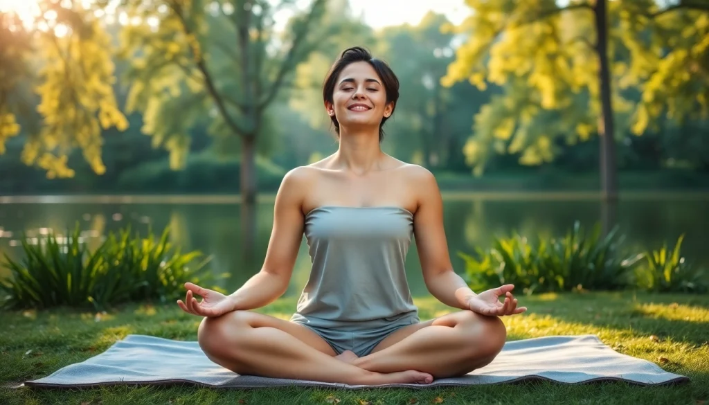 Practicing mindfulness for dealing with stress in a tranquil outdoor setting.