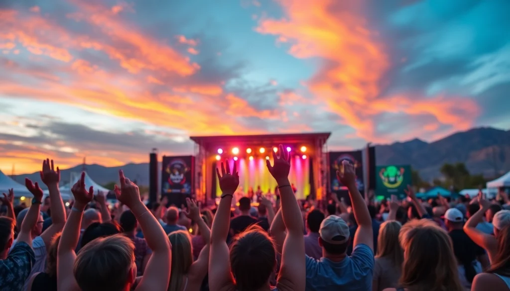 Experience the vibrancy of henderson entertainment at an outdoor concert with a cheering crowd.
