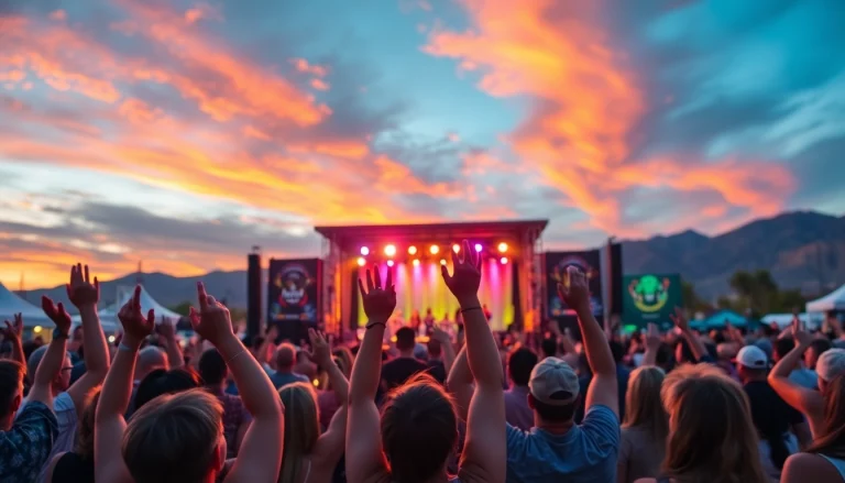 Experience the vibrancy of henderson entertainment at an outdoor concert with a cheering crowd.