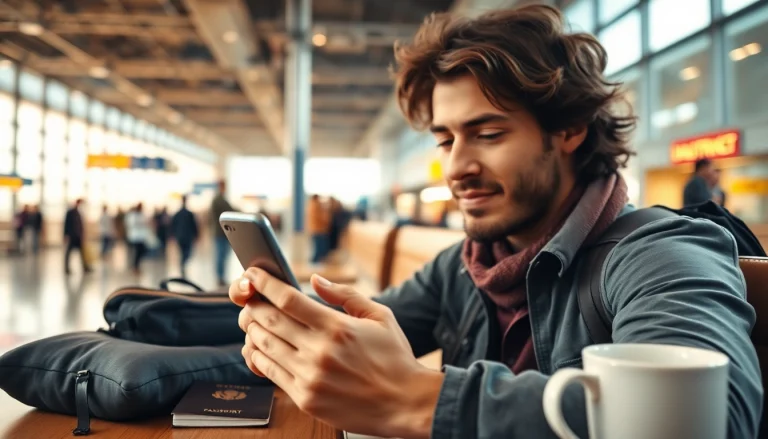Traveler setting up esim for travel at an airport café with travel accessories.