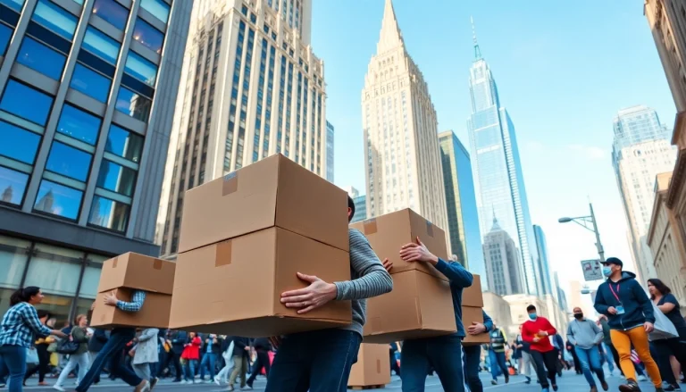 Movers nyc efficiently transporting boxes in a busy New York City environment.